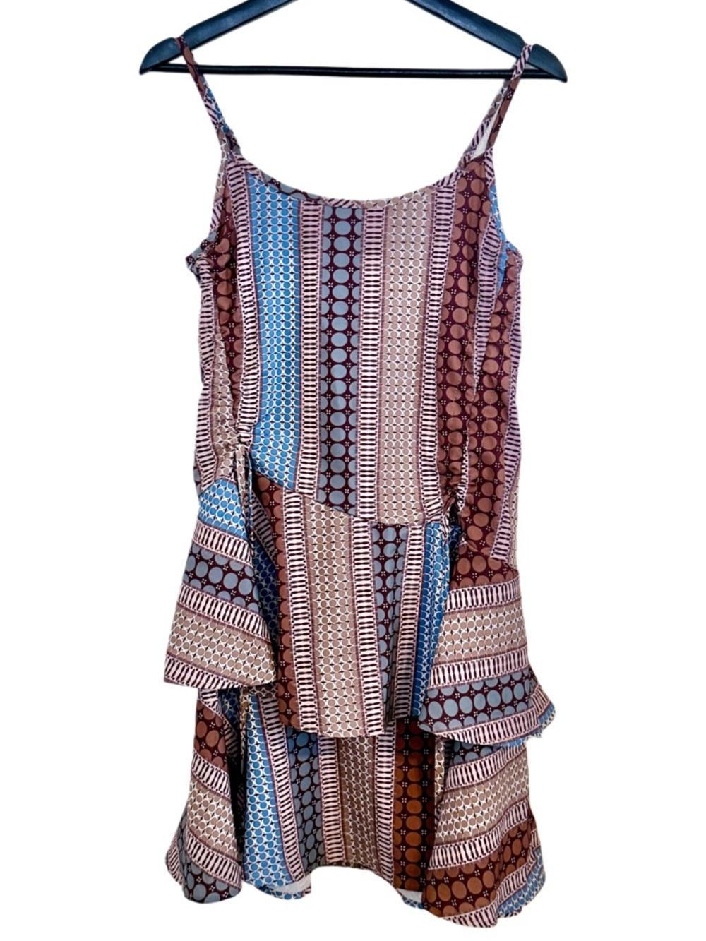 Pin Han Boho Patchwork Ruffle Mini Dress Adjustable Straps & Waist Medium New - Picture 9 of 15